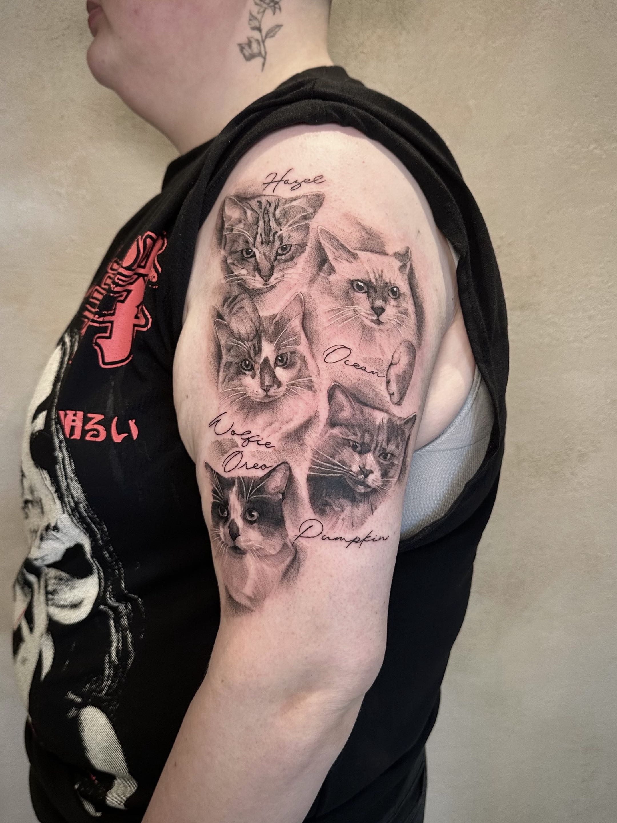 Realistic black and grey portraits of five cats tattooed on a client's upper arm.