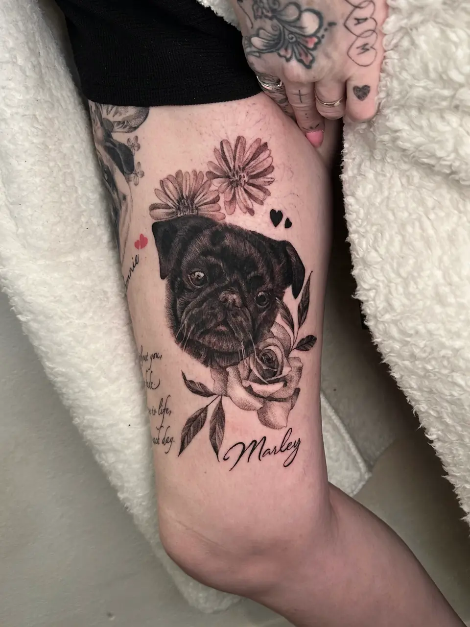 Realistic black pug portrait with daisies, a rose and the name Marley on the thigh.